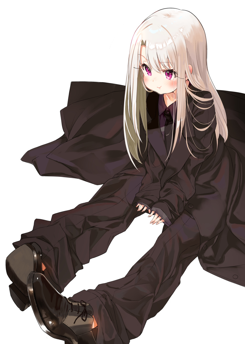 1girl :t bangs black_footwear black_jacket black_neckwear black_pants blush closed_mouth collarbone collared_shirt commentary_request cosplay emiya_kiritsugu emiya_kiritsugu_(cosplay) eyebrows_visible_through_hair fate/kaleid_liner_prisma_illya fate_(series) fingernails formal grey_shirt hair_between_eyes highres illyasviel_von_einzbern jacket long_sleeves looking_away miruto_netsuki necktie oversized_clothes pants shirt shoe_soles shoes simple_background sleeves_past_wrists solo suit tears violet_eyes wavy_mouth white_background white_hair