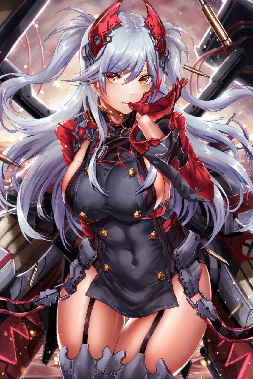 1girl azur_lane bangs biting black_leotard blush breasts brown_eyes cannon commentary_request covered_navel eyebrows_visible_through_hair floating_hair glove_biting gloves hair_between_eyes headgear highres hikari_(komitiookami) iron_cross large_breasts leotard light_particles long_hair looking_at_viewer mole mole_on_breast multicolored_hair navel outdoors pelvic_curtain prinz_eugen_(azur_lane) redhead revision rigging shell_casing sideboob sidelocks silver_hair smile solo streaked_hair taut_leotard thighs two_side_up very_long_hair wind