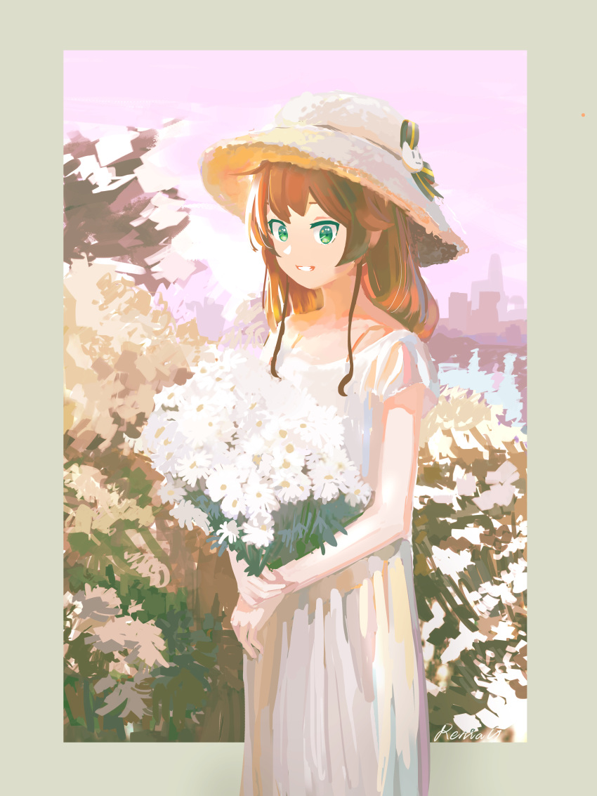 1girl absurdres bouquet brown_hair day dress flower gain_er green_eyes hat_ornament highres holding holding_bouquet hololive long_hair looking_at_viewer natsuiro_matsuri outdoors pink_sky sidelocks smile standing virtual_youtuber white_dress white_headwear
