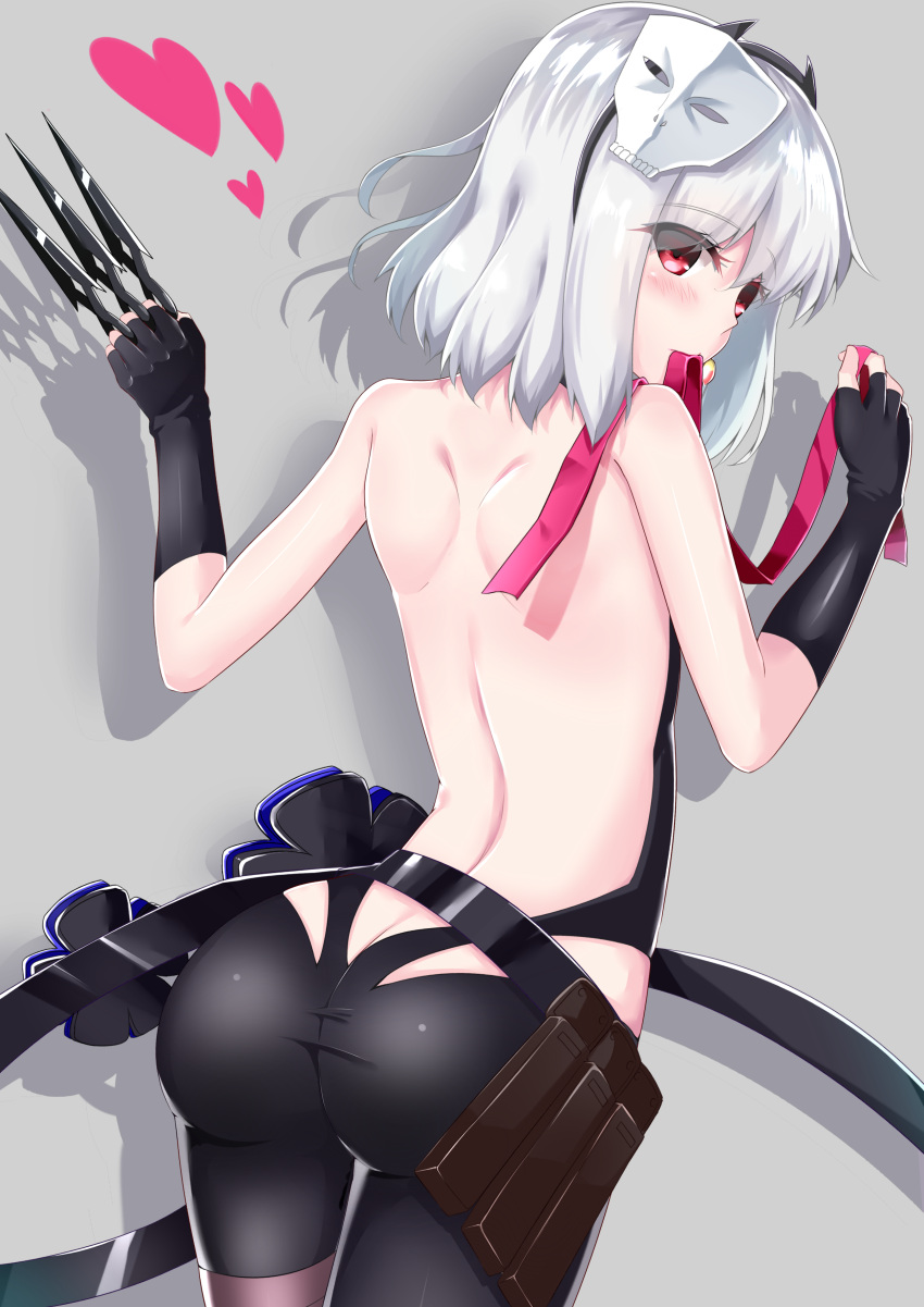 1girl absurdres ass backless_outfit belt bike_shorts black_belt black_gloves black_shorts blush borumete cosplay eyebrows_visible_through_hair eyes_visible_through_hair fate/grand_order fate_(series) fingerless_gloves from_behind gloves grey_background hassan_of_serenity_(fate) hassan_of_serenity_(fate)_(cosplay) heart highres holding holding_knife kama_(fate/grand_order) knife knives_between_fingers looking_at_viewer looking_back medium_hair mouth_hold red_eyes red_ribbon ribbon ribbon_in_mouth shadow shiny shiny_clothes short_shorts shorts shoulder_blades silver_hair solo
