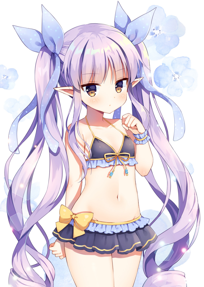 1girl bangs bare_arms bare_shoulders bikini black_bikini blue_flower blue_ribbon blush breasts brown_eyes closed_mouth commentary_request eyebrows_visible_through_hair floral_background flower front-tie_bikini front-tie_top groin hair_ribbon hand_up highres hikawa_kyoka long_hair looking_at_viewer mauve navel pointy_ears princess_connect! princess_connect!_re:dive ribbon sidelocks small_breasts solo swimsuit twintails very_long_hair wrist_cuffs