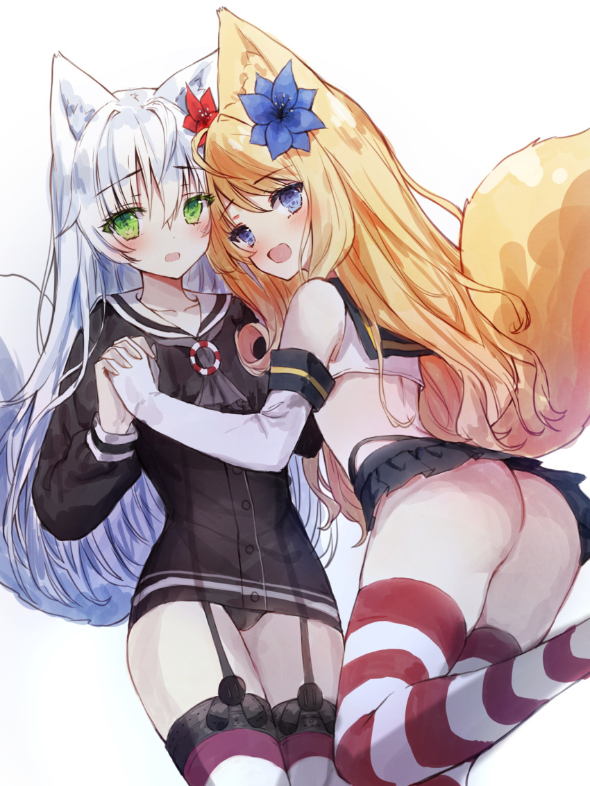 2girls absurdres amatsukaze_(kantai_collection) amatsukaze_(kantai_collection)_(cosplay) animal_ear_fluff animal_ears ass black_dress black_panties black_skirt blonde_hair blue_eyes blue_flower blue_sailor_collar blush collar commentary_request cosplay dress elbow_gloves flower fox_ears fox_girl fox_tail garter_straps gloves green_eyes grey_neckwear hair_flower hair_ornament highres holding_hands interlocked_fingers kantai_collection lifebuoy long_hair looking_at_viewer looking_back miniskirt multiple_girls open_mouth original panties pleated_skirt red_flower sailor_collar sailor_dress school_uniform see-through serafuku shimakaze_(kantai_collection) shimakaze_(kantai_collection)_(cosplay) shirt short_dress silver_hair simple_background skirt sleeveless sleeveless_shirt striped striped_legwear tail tail_raised tandohark thigh-highs underwear very_long_hair white_background white_gloves white_sailor_collar white_shirt