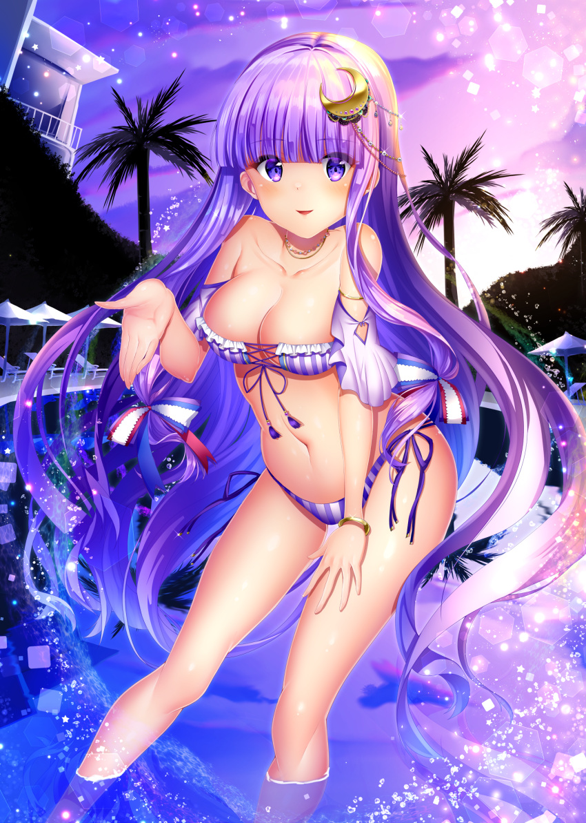 1girl bandeau bangs bare_legs bare_shoulders bikini blush bracelet breasts clouds collarbone commentary_request crescent crescent_hair_ornament cross-laced_clothes detached_sleeves eyebrows_visible_through_hair feet_out_of_frame front-tie_bikini front-tie_top hair_ornament hair_ribbon hand_up highres jewelry large_breasts lens_flare light_particles long_hair looking_at_viewer navel necklace no_hat no_headwear outdoors palm_tree parted_lips patchouli_knowledge purple_bikini purple_hair purple_sky reflection ribbon sea_scorpion_(umisasori) short_sleeves side-tie_bikini sidelocks sitting smile solo stomach strapless strapless_bikini striped swimsuit thighs touhou tree vertical-striped_bikini vertical_stripes very_long_hair violet_eyes wading water