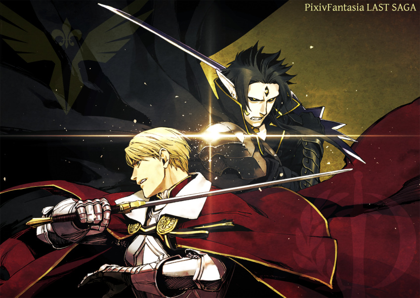 2boys armor black_cape black_gloves black_hair black_sclera blonde_hair breastplate brown_background cape clenched_teeth copyright_name gargouille gauntlets glint gloves holding holding_sword holding_weapon laurel_knight_sylvester male_focus multiple_boys pixiv_fantasia pixiv_fantasia_last_saga red_cape sankyou simple_background sword teeth third_eye upper_body weapon