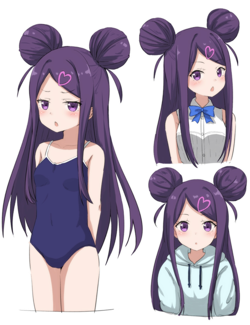 1girl :o bangs bare_shoulders blue_bow blue_hoodie blue_swimsuit blush bow breasts collared_shirt cropped_torso double_bun drawstring dress_shirt hair_ornament heart heart_hair_ornament highres hippo_(hirople) hood hood_down hoodie long_hair multiple_views ochikobore_fruit_tart one-piece_swimsuit open_mouth parted_lips purple_hair school_swimsuit sekino_roko shirt simple_background sleeveless sleeveless_shirt small_breasts swept_bangs swimsuit upper_body very_long_hair violet_eyes white_background white_shirt