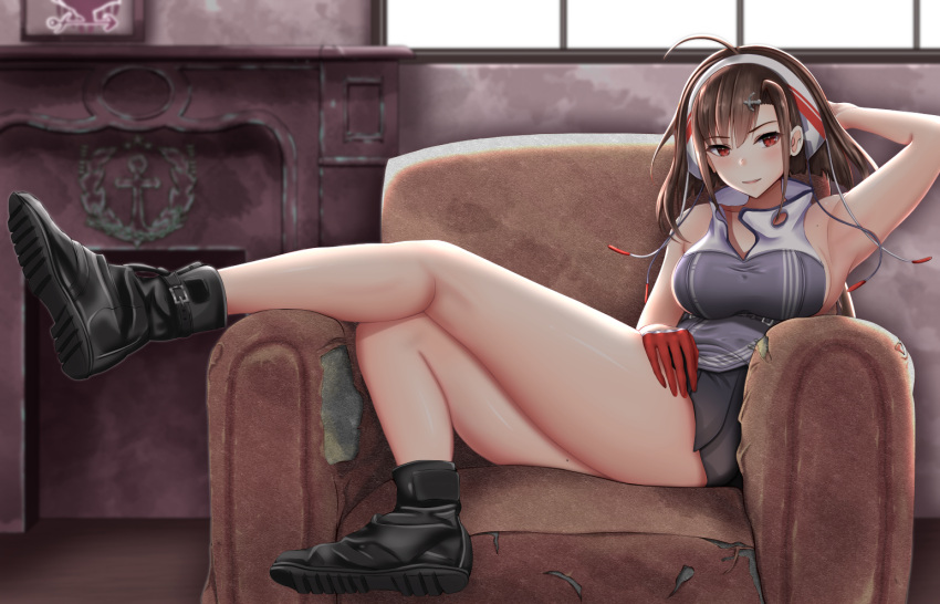 1girl ahoge anchor_hair_ornament ankle_boots arm_behind_head armpits azur_lane bangs black_footwear blush boots breasts brown_hair closed_mouth commentary_request couch day earrings hair_ornament hairband independence_(azur_lane) jewelry large_breasts long_hair looking_at_viewer low_ponytail miniskirt moepush parted_lips pleated_skirt red_eyes sidelocks sitting skirt slit_pupils smile solo sunlight thighs very_long_hair window
