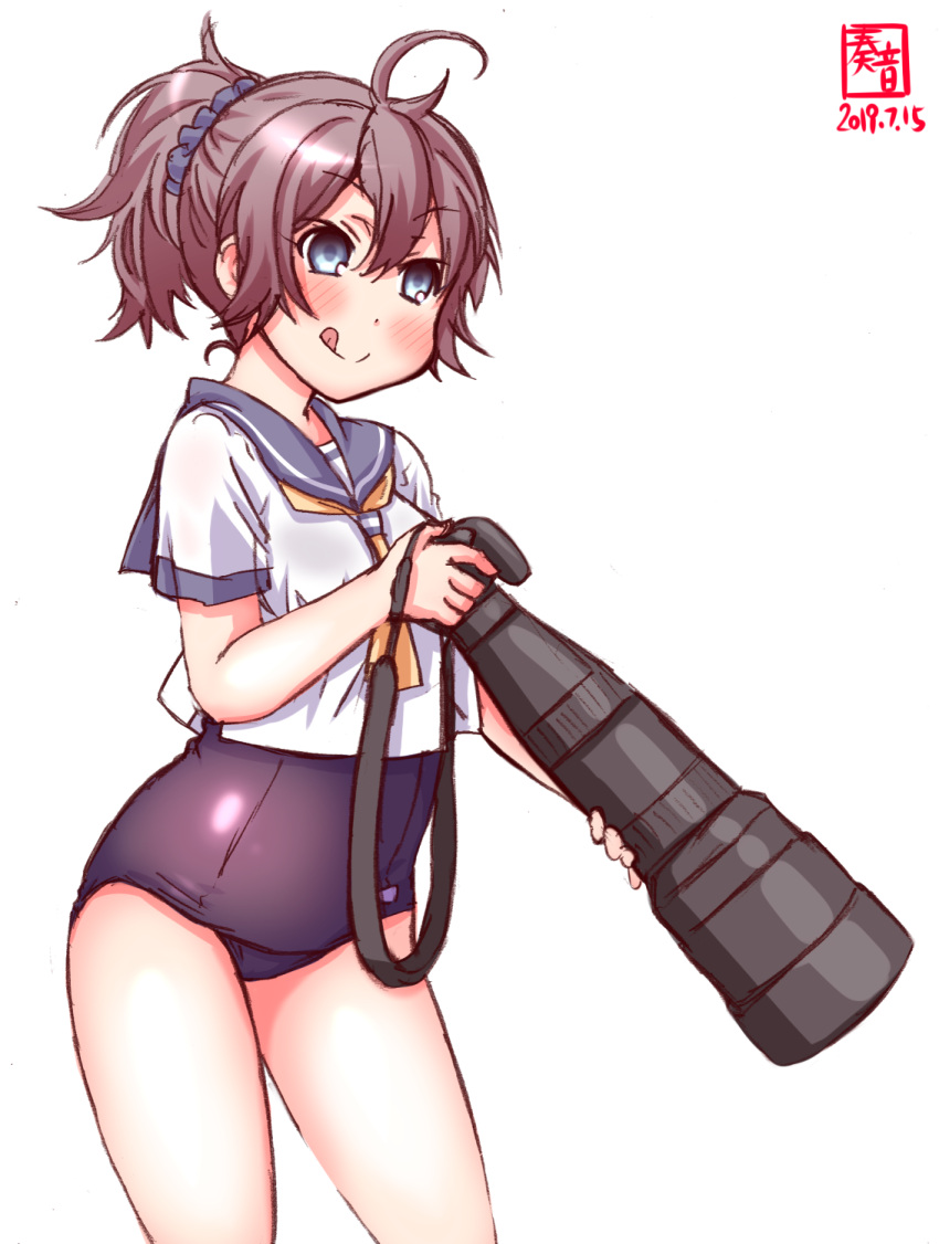 1girl :d ahoge alternate_costume aoba_(kantai_collection) artist_logo blue_eyes blue_sailor_collar blue_swimsuit blush breasts camera camera_lens covered_navel cowboy_shot dated eyebrows_visible_through_hair hair_between_eyes highres holding holding_camera kanon_(kurogane_knights) kantai_collection messy_hair neckerchief old_school_swimsuit one-piece_swimsuit open_mouth ponytail purple_hair sailor_collar school_swimsuit short_hair short_ponytail short_sleeves signature simple_background single-lens_reflex_camera small_breasts smile solo swimsuit swimsuit_under_clothes white_background yellow_neckwear