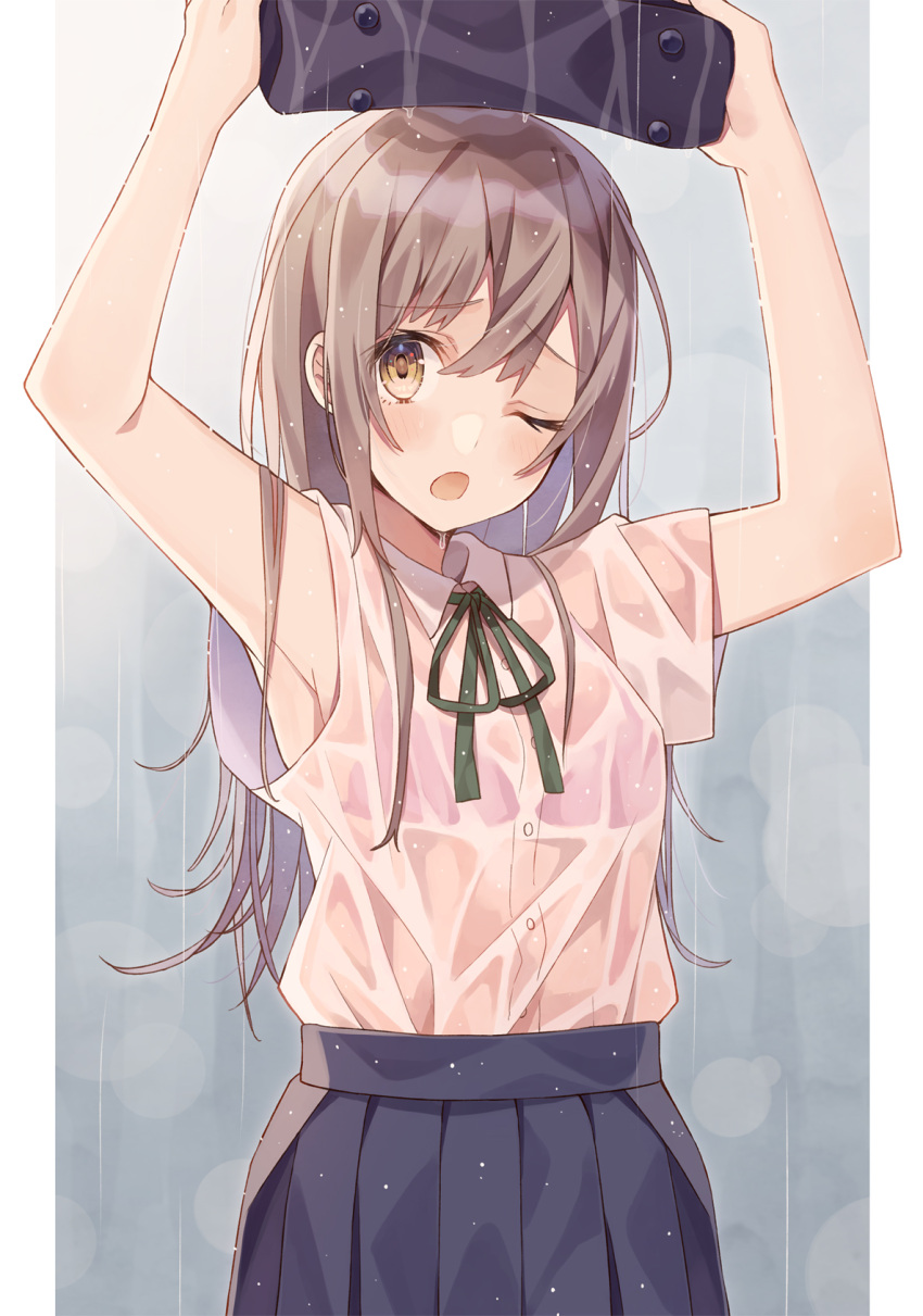 1girl ;o armpits arms_up bag bangs bare_arms black_skirt blue_skirt blush bra bra_through_clothes brown_eyes brown_hair buttons collared_shirt commentary_request dress_shirt eyebrows_visible_through_hair green_neckwear green_ribbon hair_between_eyes highres holding holding_bag long_hair looking_at_viewer minasenagi neck_ribbon one_eye_closed open_mouth original pink_bra pleated_skirt purple_bra rain ribbon school_bag school_uniform see-through shirt shirt_tucked_in short_sleeves sidelocks skirt solo underwear upper_body very_long_hair water wet wet_clothes wet_shirt white_shirt