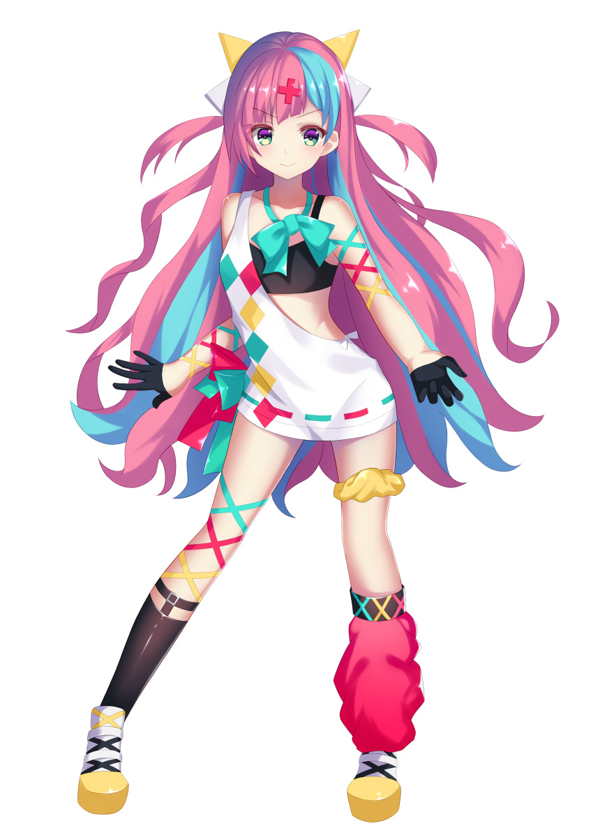 1girl absurdres aqua_hair bare_shoulders black_gloves black_legwear blush bow breasts brown_footwear brown_scrunchie closed_mouth dress full_body gloves green_bow green_eyes half_gloves hand_on_hip head_tilt highres horns long_hair looking_at_viewer mismatched_legwear multicolored multicolored_eyes multicolored_hair pink_hair pinky_pop_hepburn platform_footwear red_legwear ribbon ribbon-trimmed_dress scrunchie shoes signature small_breasts smile socks solo sports_bra standing the_des_alizes the_moon_studio tongue tongue_out twitter_username two-tone_hair two_side_up v-shaped_eyebrows very_long_hair virtual_youtuber w white_dress