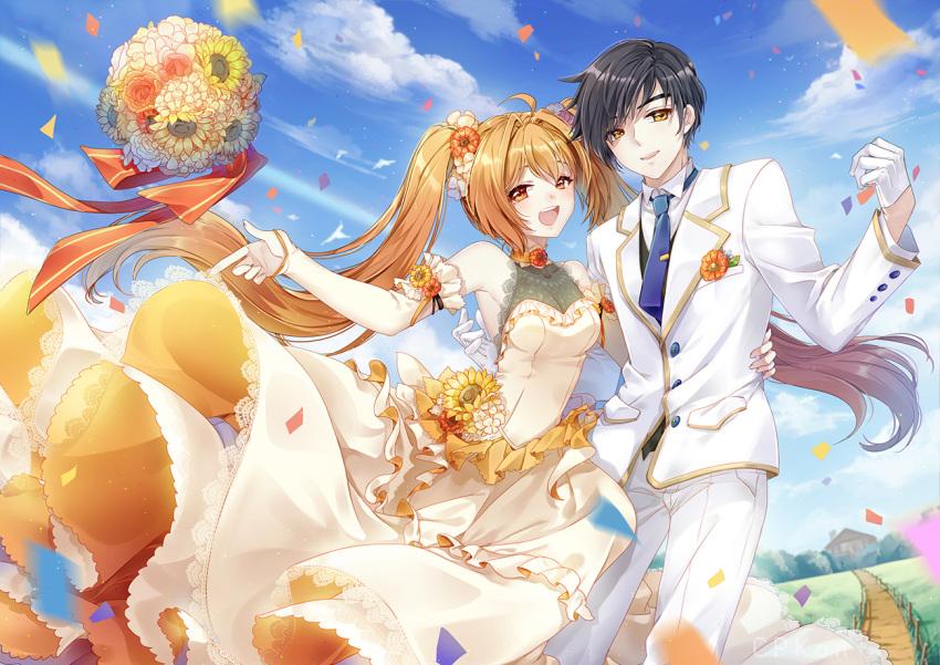 1boy 1girl ahoge alternate_costume arm_around_waist armpit_peek artist_name bangs black_hair blue_neckwear bouquet bridal_gauntlets brown_eyes brown_hair cat_princess choker clouds cloudy_sky collared_shirt confetti couple cowboy_shot day dress eiyuu_densetsu estelle_bright fingerless_gloves flower formal frilled_dress frills gloves grass hair_flower hair_ornament hetero house joshua_astray long_hair long_sleeves looking_at_viewer necktie open_mouth orange_eyes outdoors pants parted_bangs road shirt short_hair sky smile sora_no_kiseki suit tree tuxedo twintails vest wedding_dress white_dress white_gloves wind