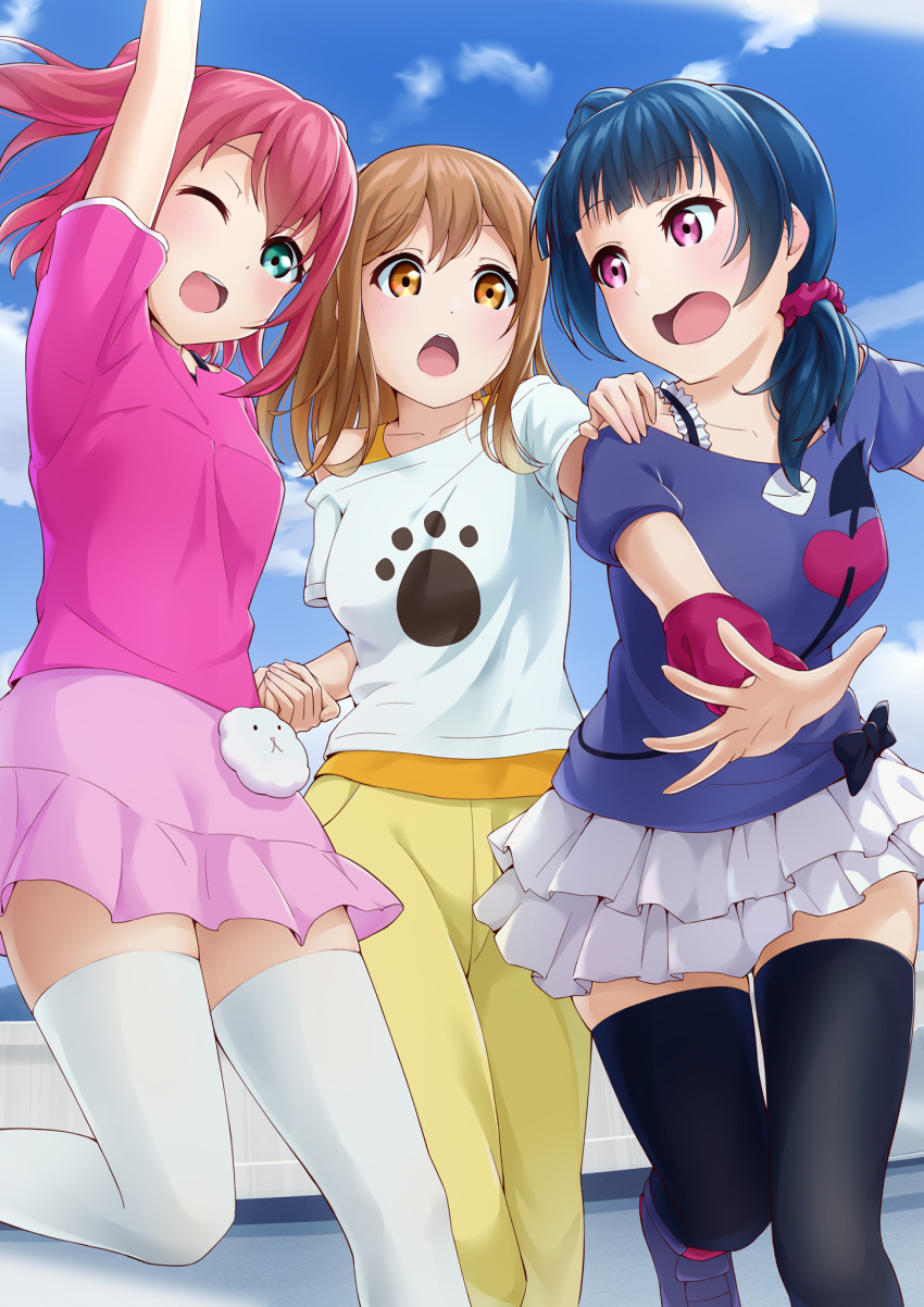 3girls :o ;d arm_up black_legwear blue_eyes blue_hair blue_shirt brown_hair hair_over_shoulder hand_on_another's_shoulder highres holding_hands kunikida_hanamaru kurosawa_ruby layered_skirt leg_up long_hair love_live! love_live!_sunshine!! miniskirt multiple_girls off-shoulder_shirt off_shoulder one_eye_closed open_mouth outdoors paw_print pink_eyes pink_shirt pink_skirt pleated_skirt ponytail prbili print_shirt redhead shirt short_hair short_sleeves skirt smile standing standing_on_one_leg thigh-highs tsushima_yoshiko twintails wavy_mouth white_legwear white_shirt white_skirt wristband yellow_eyes zettai_ryouiki