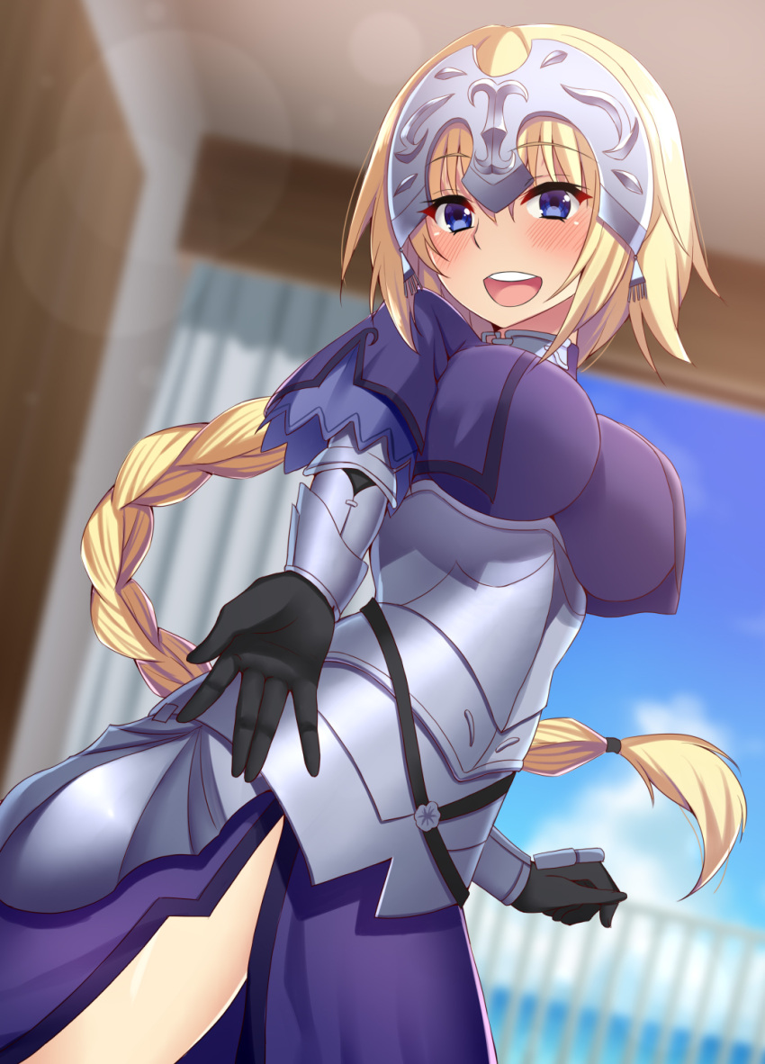 1girl armor armored_dress bangs blonde_hair blue_eyes blush braid breasts commentary_request eyebrows_visible_through_hair fate/apocrypha fate_(series) headpiece highres jeanne_d'arc_(fate) jeanne_d'arc_(fate)_(all) large_breasts long_hair looking_at_viewer nishimura_pn open_mouth single_braid smile solo very_long_hair