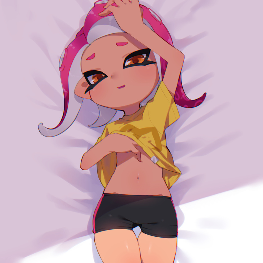 1girl arm_up bike_shorts black_shorts brown_eyes busujima_funya hand_on_own_head highres lifted_by_self lying navel octoling on_back purple_hair shirt shirt_lift short_hair short_shorts short_sleeves shorts smile solo splatoon_(series) splatoon_2 splatoon_2:_octo_expansion tentacle_hair thigh_gap thighs yellow_shirt