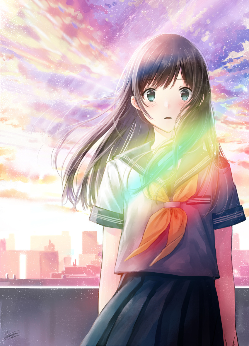 1girl black_hair blurry blush city clouds colorful commentary depth_of_field embarrassed green_eyes highres kazuharu_kina lens_flare light light_particles light_rays long_hair open_mouth original rainbow rooftop school_uniform serafuku signature sky solo sunlight sunset surprised uniform wings