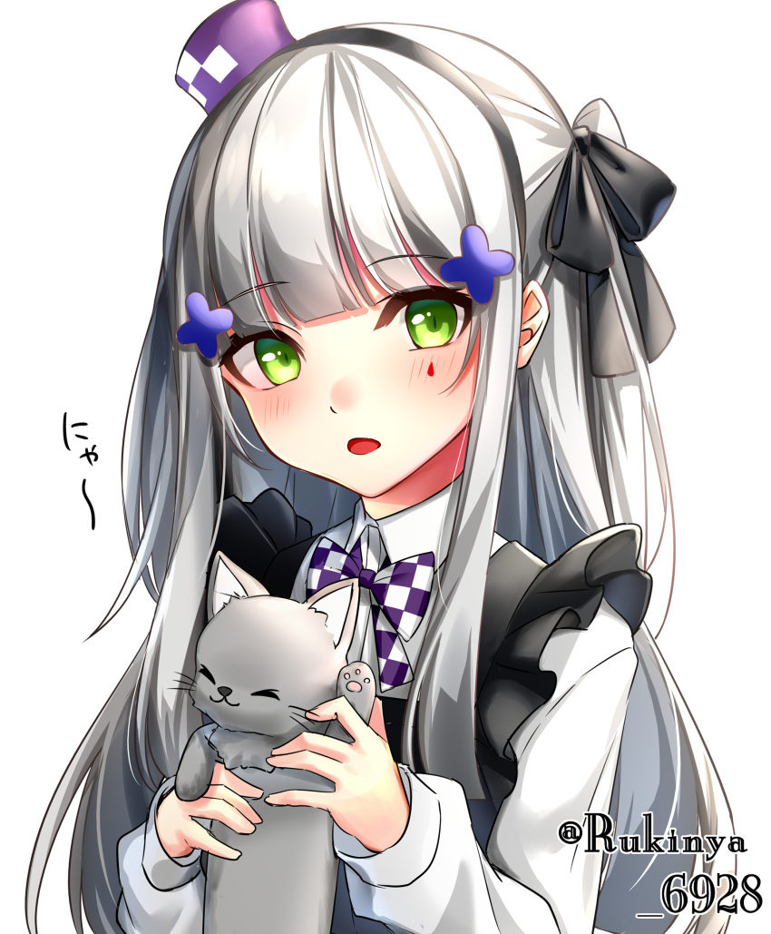 1girl animal apron bangs black_apron black_bow blunt_bangs blush bow cat checkered checkered_bow closed_eyes collared_shirt commentary_request dress_shirt eyebrows_visible_through_hair facial_mark frilled_apron frills girls_frontline green_eyes hair_bow hair_ornament hat head_tilt highres hk416_(girls_frontline) holding holding_animal holding_cat long_hair long_sleeves looking_at_viewer mini_hat parted_lips purple_headwear rukinya_(nyanko_mogumogu) shirt silver_hair simple_background sleeves_past_wrists solo tilted_headwear twitter_username upper_body very_long_hair white_background white_shirt