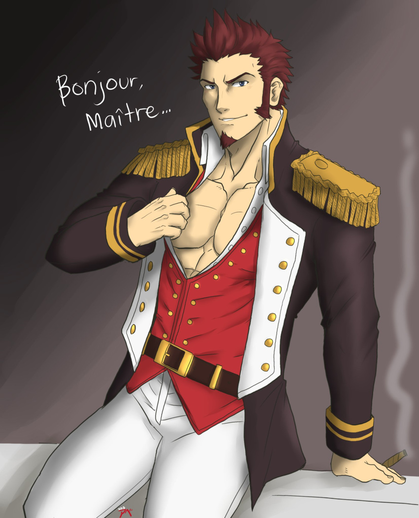 1boy abeberries bara beard blue_eyes blush brown_hair chest epaulettes facial_hair fate/grand_order fate_(series) highres long_sleeves looking_at_viewer male_focus muscle napoleon_bonaparte_(fate/grand_order) pants pectorals simple_background smile solo uniform