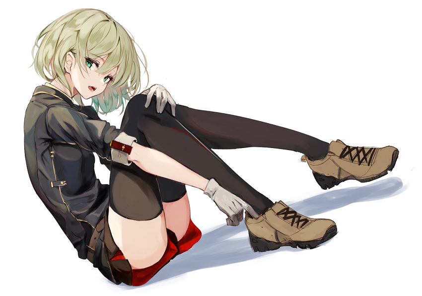 :d adjusting_footwear bangs belt black_jacket black_shorts breasts brown_footwear character_request copyright_request dutch_angle gloves green_eyes green_hair hand_on_own_knee head_tilt homo_1121 jacket looking_at_viewer open_mouth shoes short_hair shorts sidelocks simple_background sleeve_cuffs sleeves_rolled_up small_breasts smile sneakers tsurime white_background white_gloves