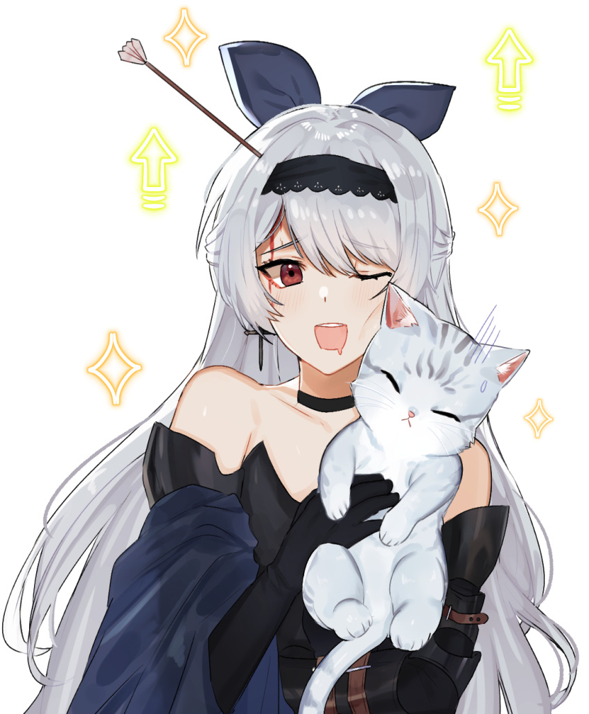 1girl 3o_c alternate_costume alternate_hairstyle arrow arrow_in_head black_gloves bleeding blood blue_bow blush bow bustier cat cheek_press choker cross cross_earrings dress earrings elbow_gloves gameplay_mechanics girls_frontline gloom_(expression) gloves grey_cat hair_bow hair_ribbon highres holding holding_cat jewelry lace-trimmed_hairband long_hair one_eye_closed red_eyes ribbon saliva silver_hair simple_background solo strapless strapless_dress sweatdrop tokarev_(girls_frontline) very_long_hair whiskers white_background