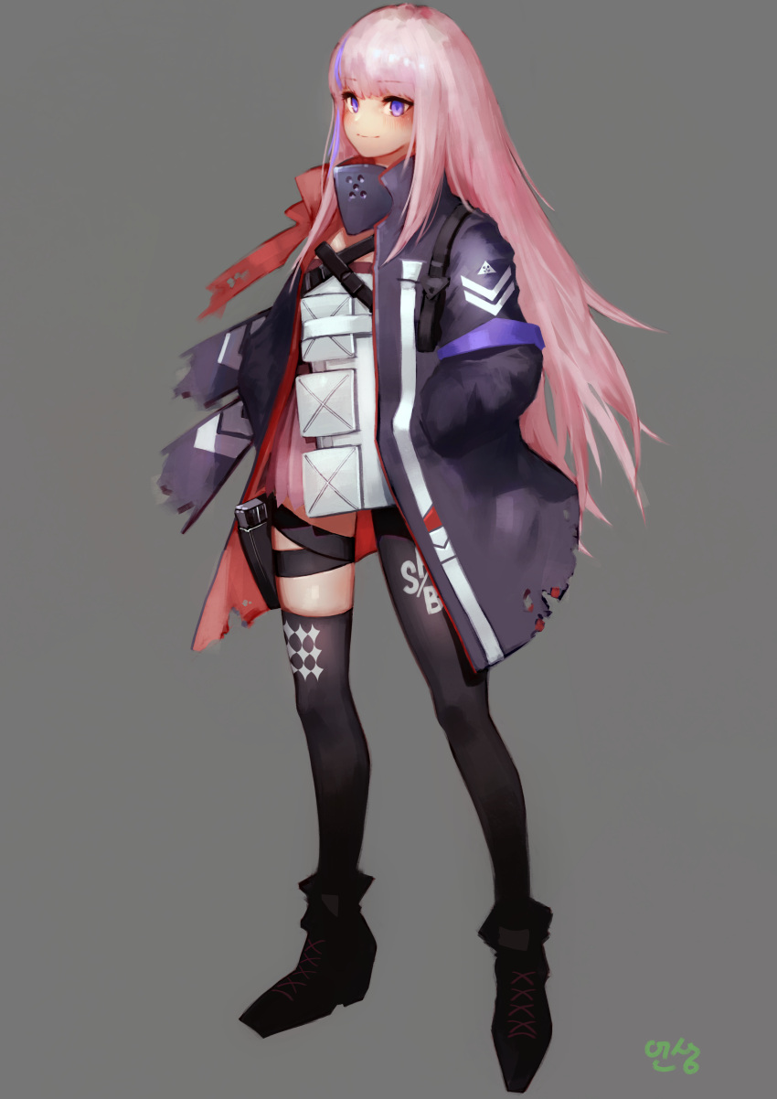 1girl absurdres alternate_hairstyle blush closed_mouth coat eonsang girls_frontline highlights highres holster long_hair magazine_(weapon) mod3_(girls_frontline) multicolored multicolored_hair open_clothes open_coat pink_hair scarf signature simple_background smile solo st_ar-15_(girls_frontline) strap thigh-highs thigh_holster thigh_strap violet_eyes