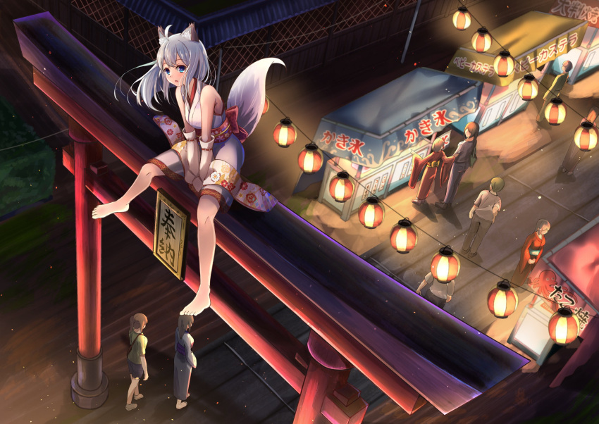 3boys 6+girls ahoge animal_ears bag bare_legs bare_shoulders barefoot bow breasts commentary_request elbow_gloves eyebrows_visible_through_hair festival fox_ears fox_tail full_body gloves hair_between_eyes highres japanese_clothes kimono lamp long_hair looking_at_viewer medium_breasts multiple_boys multiple_girls night nyoon original outdoors red_bow shorts solo_focus standing tail translated
