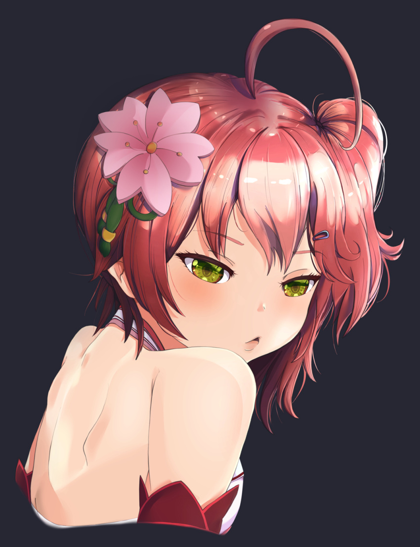 1girl ahoge armband bare_back bare_shoulders breasts cherry_blossoms chestnut_mouth eyebrows_visible_through_hair flower green_eyes grey_background hair_ornament hairclip highres hololive kwonnie medium_hair nontraditional_miko open_mouth pink_hair sakura_miko shoulder_blades side_ponytail solo tagme upper_body virtual_youtuber