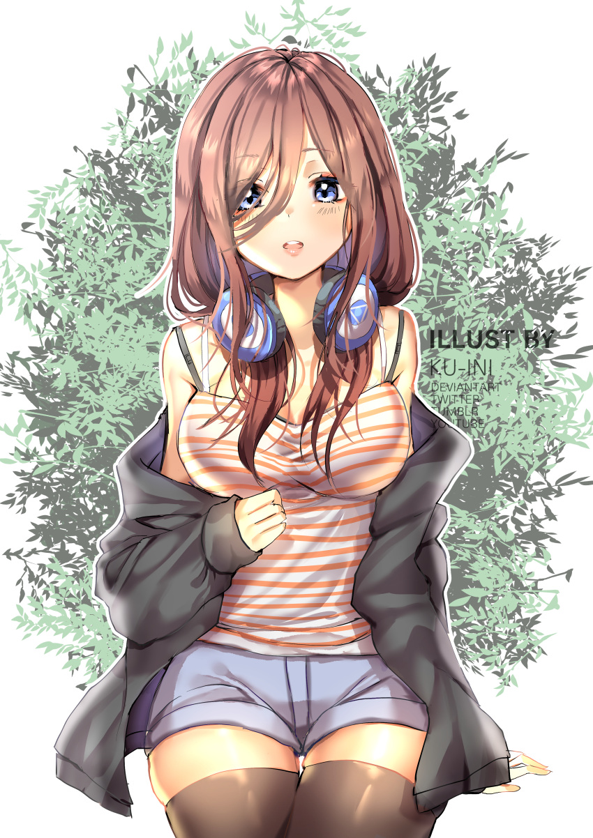 1girl absurdres alternate_costume bangs bare_shoulders black_bra blue_eyes bra bra_strap breasts brown_hair casual denim denim_shorts eyebrows_visible_through_hair go-toubun_no_hanayome hair_between_eyes headphones headphones_around_neck highres kuini large_breasts leaf long_sleeves looking_at_viewer medium_hair nakano_miku off_shoulder open_mouth shirt shorts standing striped_tank_top tank_top thigh-highs thighs underwear