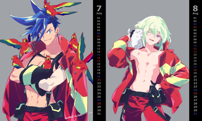 2boys animal animal_on_head animal_on_shoulder baggy_pants bird bird_on_head bird_on_shoulder blonde_hair blue_eyes blue_hair calendar_(medium) cat chest firefighter galo_thymos gloves green_hair highres jacket lio_fotia male_focus multiple_boys nameko_(pixiv605672) on_head open_clothes open_jacket open_mouth pants promare shirtless smile spiky_hair suspenders violet_eyes