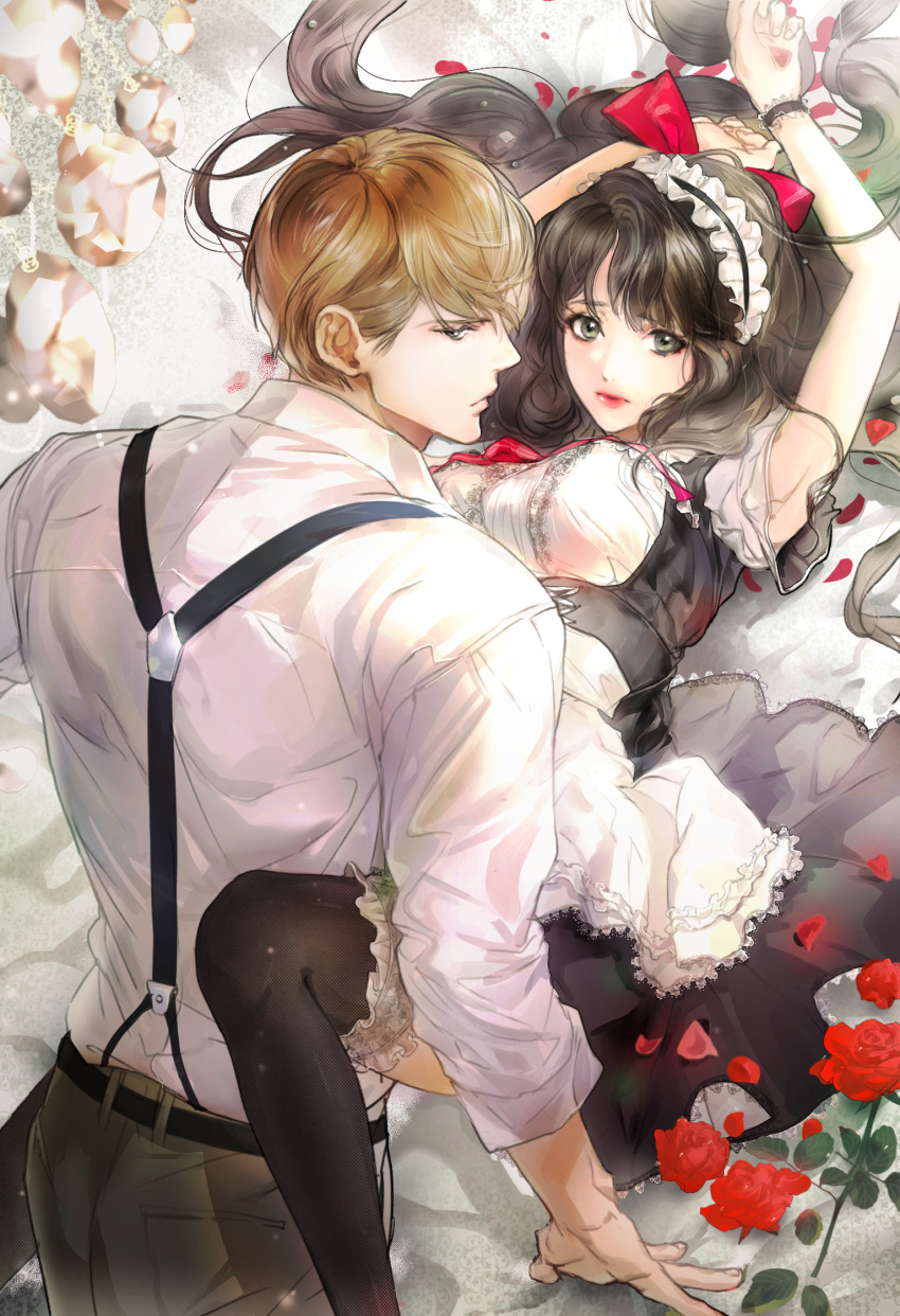 1boy 1girl arms_up belt black_hair blonde_hair bow breasts chi5on dress flower frilled_legwear grey_eyes hair_bow hetero highres lipstick long_hair looking_at_viewer looking_back lying maid maid_headdress makeup medium_breasts official_art on_back pants petals prism red_bow red_ribbon ribbon rose suspenders thigh-highs very_long_hair wristband
