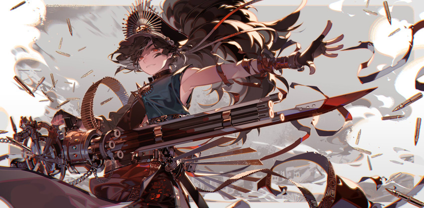 1boy armpits bayonet black_hair bullet commentary_request fate/grand_order fate_(series) fingerless_gloves gloves gun hat katana kawacy looking_at_viewer machine_gun military_hat multiple_barrel_gun narrowed_eyes oda_kippoushi_(fate) oda_nobunaga_(fate) oda_uri ponytail red_eyes sheath sheathed shell_casing shirt sleeveless sleeveless_shirt solo sword weapon