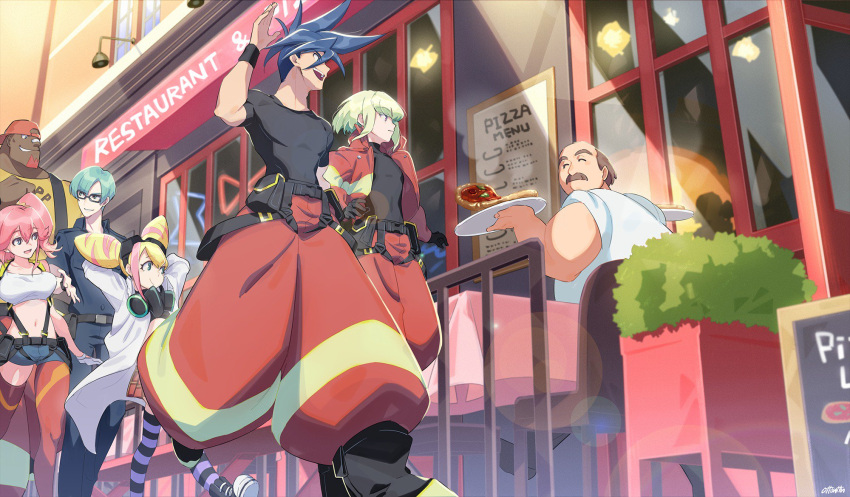 aina_ardebit baggy_pants bikini_top blonde_hair blue_eyes blue_hair chair closed_eyes double_bun firefighter food galo_thymos gloves goggles highres jacket labcoat lio_fotia long_hair lucia_fex midriff multicolored_hair open_mouth ottonttn outdoors pants pink_hair pizza plant promare remi_puguna restaurant short_hair shorts side_ponytail smile spiky_hair striped striped_legwear suspenders table thigh-highs two-tone_hair varys_truss walking waving window
