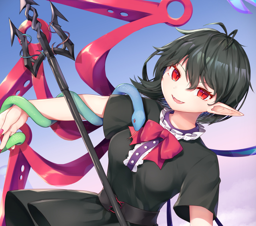1girl above_clouds ahoge asymmetrical_wings belt black_dress black_hair blue_sky bow bowtie breasts clouds commentary_request dress fangs grin gunjou_row hair_between_eyes highres houjuu_nue leaning_to_the_side looking_at_viewer medium_breasts open_mouth outdoors polearm red_eyes red_nails red_neckwear short_hair short_sleeves sky slit_pupils smile snake solo touhou trident upper_body weapon wings