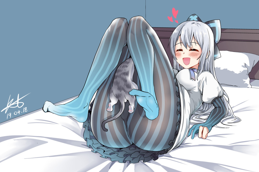 1girl :d ass blue_bow blue_stripes blush bow breasts cat closed_eyes dated dress elbow_gloves frilled_dress frills full_body girls_frontline gloves grey_cat hair_bow headboard heart highres indoors juliet_sleeves knees_up kuro_(tmdbin) legs long_hair long_sleeves lying medium_breasts no_shoes on_back on_bed open_mouth pantyhose partly_fingerless_gloves pillow puffy_sleeves signature silver_hair smile solo striped striped_bow striped_legwear thighs tokarev_(girls_frontline) trapped vertical-striped_gloves vertical-striped_legwear vertical_stripes very_long_hair white_dress