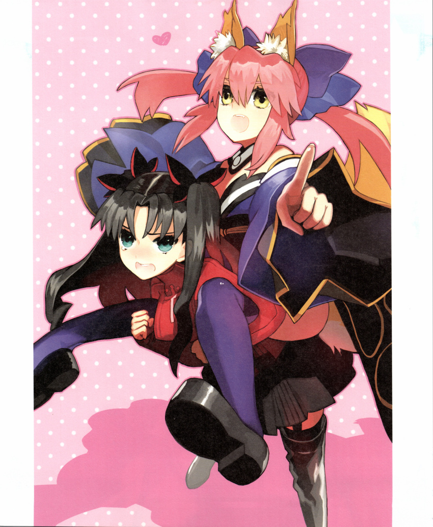 2girls animal_ears aqua_eyes black_hair bow carrying fate/extra fate_(series) fox_girl fox_tail frustrated highres japanese_clothes kimono multiple_girls open_mouth piggyback pink_hair pointing scan shoes skirt tail tamamo_(fate)_(all) tamamo_no_mae_(fate) thigh-highs toosaka_rin turtleneck twintails wada_aruko yellow_eyes