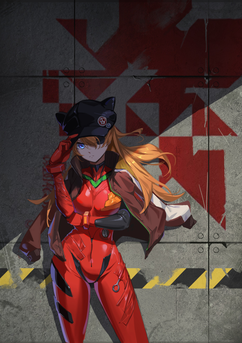 &gt;:( 1girl absurdres against_wall animal_hat badge black_headwear blue_eyes bodysuit breasts brown_jacket button_badge closed_mouth contrapposto cowboy_shot day eyepatch hand_on_headwear hat highres jacket jacket_on_shoulders long_hair medium_breasts neon_genesis_evangelion one_eye_covered open_clothes open_jacket orange_hair outdoors plugsuit red_bodysuit serious shiba_inuza solo souryuu_asuka_langley sunlight track_jacket