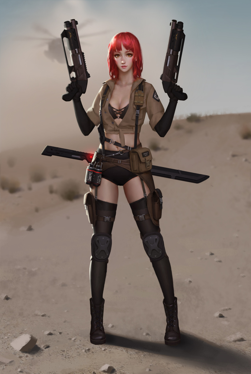 1girl absurdres aircraft artist_request boots breasts dual_wielding explosive finger_on_trigger full_body grenade gun helicopter highres holding midriff redhead shirt shotgun solo source_request standing sword thigh-highs tied_shirt weapon