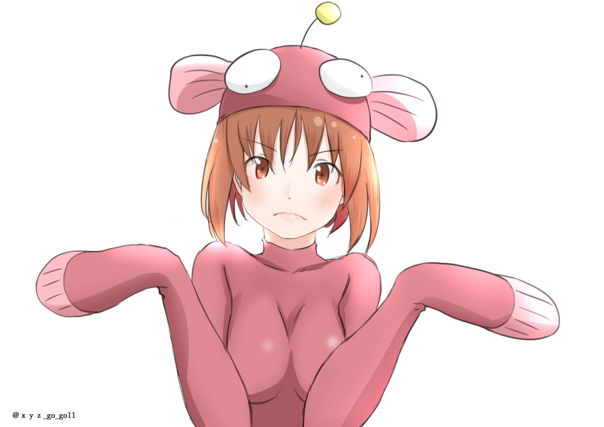 1girl anglerfish_costume anglerfish_dance blush breasts brown_hair frown girls_und_panzer googly_eyes highres medium_breasts nishizumi_miho oze_(xyz_go_go11) short_hair solo tight twitter_username white_background