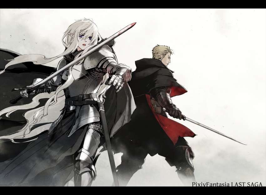 1boy 1girl belt black_cape blonde_hair blue_eyes boots brown_gloves cape copyright_name fighting_stance gauntlets gloves grey_knight_julia holding holding_sword holding_weapon laurel_knight_sylvester long_hair pixiv_fantasia pixiv_fantasia_last_saga sankyou sheath simple_background standing sword very_long_hair weapon white_background white_hair