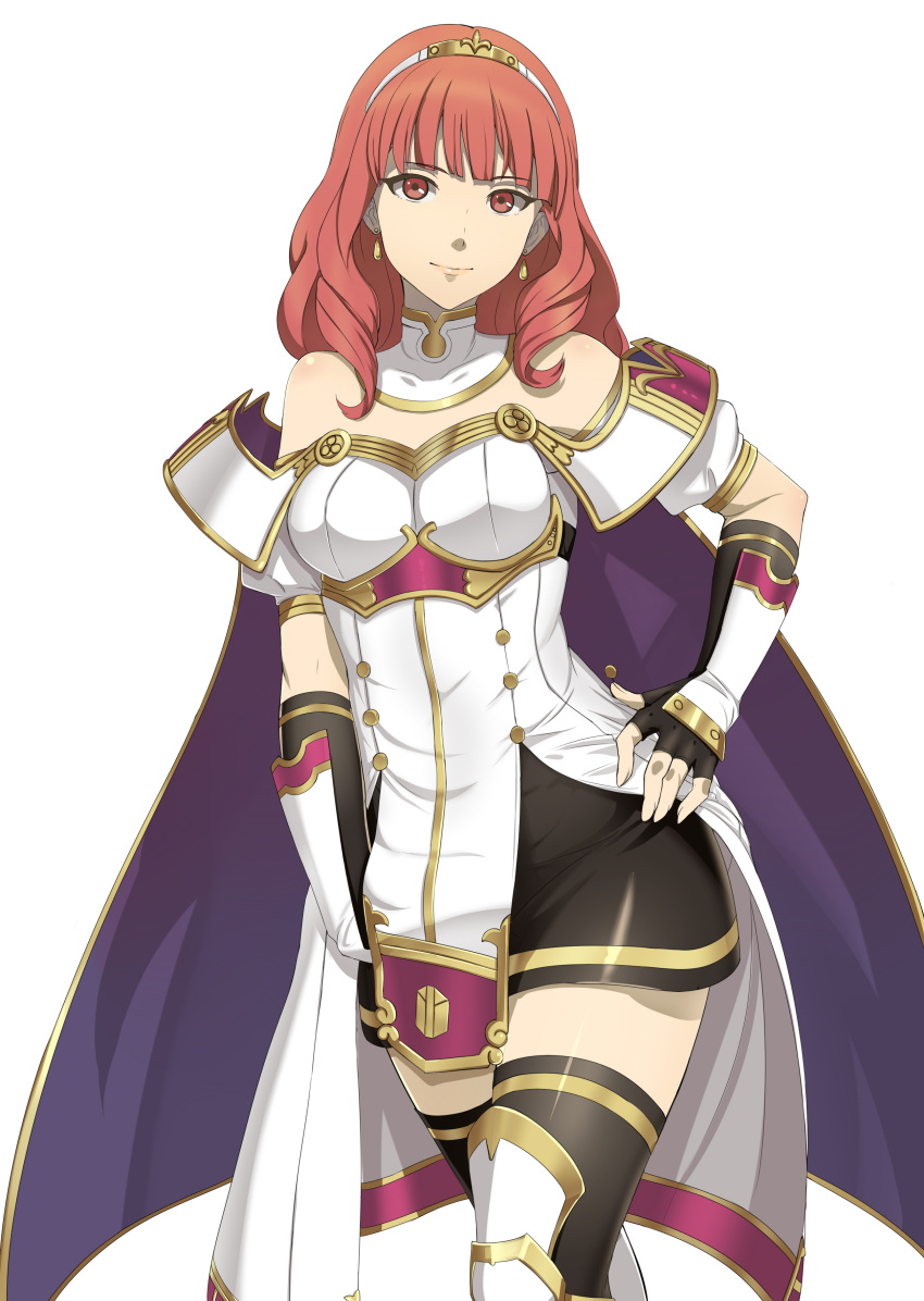 1girl absurdres black_legwear boots breasts cape celica_(fire_emblem) cowboy_shot detached_collar dress earrings elbow_gloves fingerless_gloves fire_emblem fire_emblem_echoes:_shadows_of_valentia gloves gozaru hand_on_hip highres jewelry lips long_hair looking_at_viewer medium_breasts miniskirt pelvic_curtain red_eyes redhead simple_background skirt solo thigh-highs thigh_boots tiara white_background white_dress white_footwear wrist_guards zettai_ryouiki