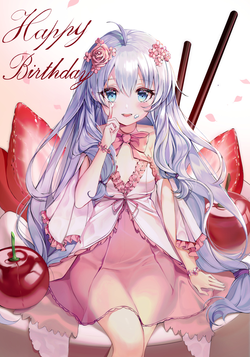1girl absurdres ahoge bangs bare_shoulders blue_eyes blue_hair blush brown_background collarbone commentary_request dress ei_(tndusdldu) eyebrows_visible_through_hair flower food food_on_face frilled_dress frills fruit gradient gradient_background hair_between_eyes hair_flower hair_ornament happy_birthday highres in_food long_hair long_sleeves looking_at_viewer minigirl parted_lips petals pink_dress pink_flower pink_rose pocky rose sitting smile solo soul_worker stella_unibell strawberry very_long_hair white_background wide_sleeves
