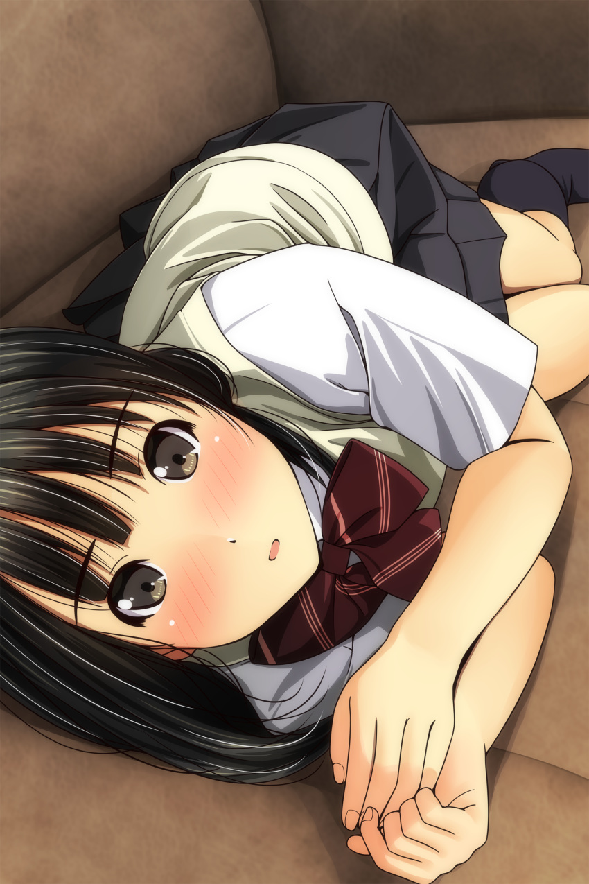 1girl absurdres arms_up bangs black_hair black_legwear black_skirt blush bow brown_eyes couch diagonal_stripes eyebrows_visible_through_hair fingernails highres looking_at_viewer lying matsunaga_kouyou no_shoes nose_blush on_couch on_side original parted_lips pleated_skirt red_bow school_uniform shirt short_sleeves sidelocks skirt socks solo striped striped_bow sweater_vest white_shirt