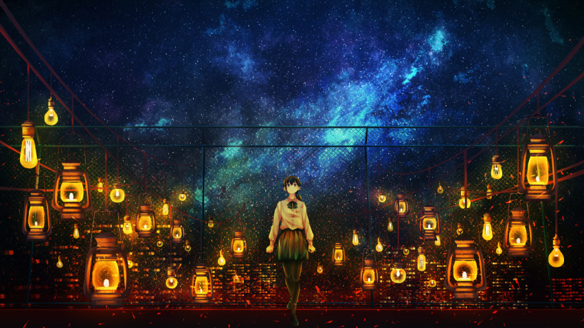 1girl black_hair black_legwear bow bowtie chain-link_fence city craft-cs dark fence galaxy lantern long_hair looking_up night night_sky original pantyhose ponytail scenery school_uniform sky solo standing standing_on_one_leg star_(sky) starry_sky uniform