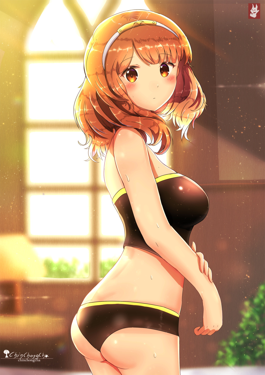 1girl alternate_costume artist_logo artist_name ass bare_shoulders bikini black_bikini_bottom blush breasts celica_(fire_emblem) chinchongcha cowboy_shot cute day expressionless eyebrows_visible_through_hair fire_emblem fire_emblem_echoes:_mou_hitori_no_eiyuuou fire_emblem_echoes:_shadows_of_valentia fire_emblem_gaiden fire_emblem_heroes hairband highres indoors intelligent_systems lamp looking_at_viewer medium_breasts midriff moe nintendo orange_eyes orange_hair plant short_hair solo sports_bra standing summer sunlight wet window