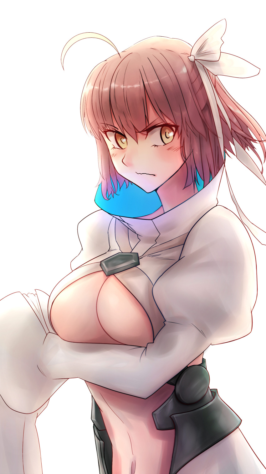 1girl absurdres ahoge black_scarf blush bow breasts cosplay eyebrows_visible_through_hair fate/extra fate/extra_ccc fate/grand_order fate_(series) hair_bow hair_ribbon highres koha-ace long_sleeves looking_at_viewer medium_breasts meltryllis meltryllis_(cosplay) navel okita_souji okita_souji_(fate) okita_souji_(fate)_(all) pink_hair revealing_clothes ribbon scarf sleeves_past_wrists solo somebody_(leiking00) under_boob upper_body yellow_eyes