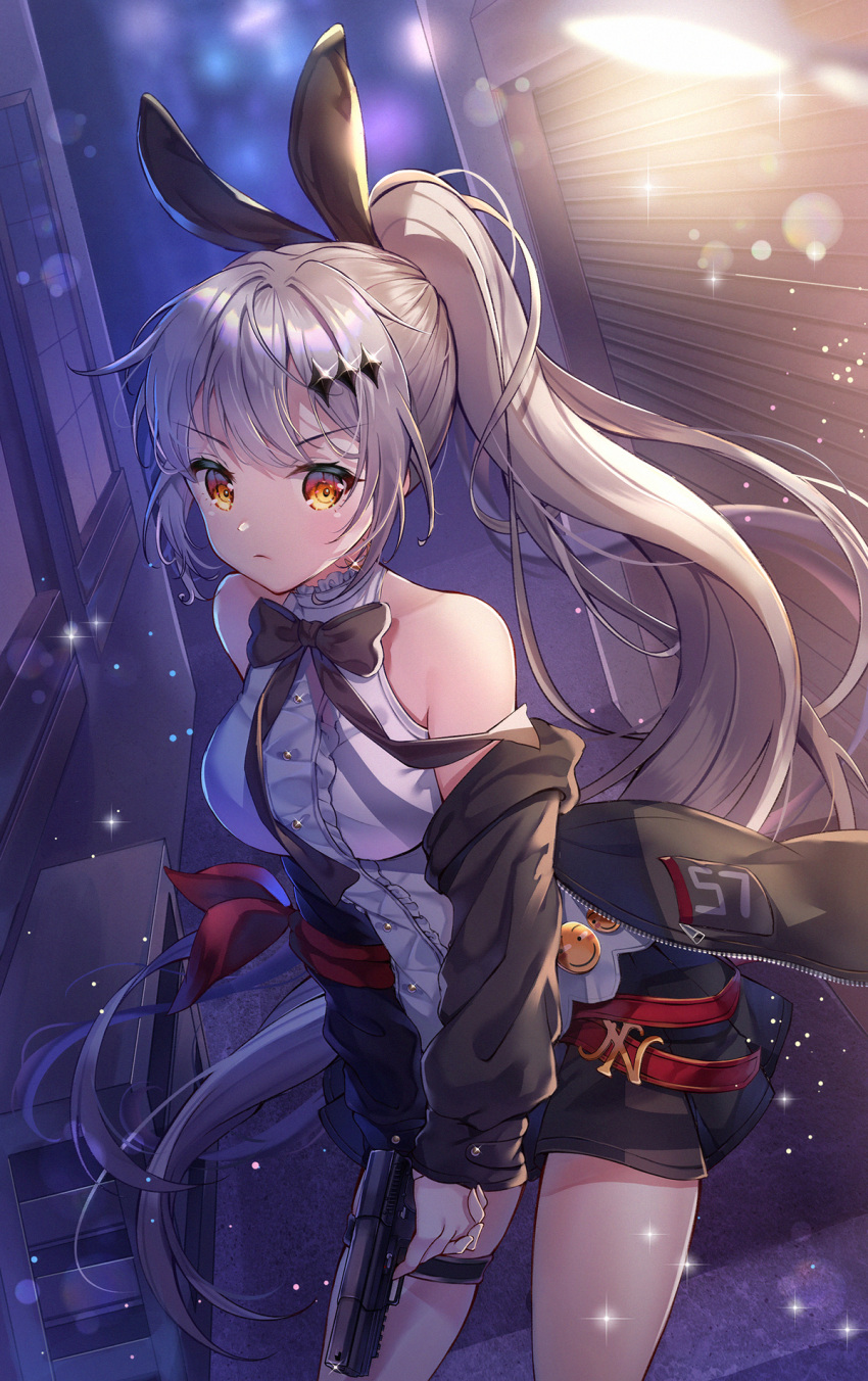 1girl armband bangs bare_shoulders blouse bunny_hair_ornament crescent crescent_earrings crescent_moon detached_sleeves earrings eyebrows_visible_through_hair five-seven_(girls_frontline) five-seven_(gun) frills girls_frontline gun hair_ornament hair_ribbon hairclip handgun hands_together highres jacket jewelry miniskirt moon off_shoulder outdoors pistol pleated_skirt ponytail rerin_(rerin913) ribbon serious silver_hair skirt sleeveless_blouse sparkle thigh_strap weapon yellow_eyes