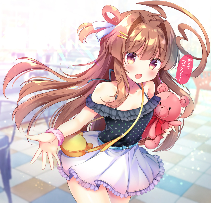 1girl :d ahoge bag bangs bare_shoulders black_camisole blue_ribbon blurry blurry_background brown_eyes brown_hair camisole depth_of_field eyebrows_visible_through_hair fang fingernails frilled_skirt frills hair_between_eyes hair_intakes hair_ornament hair_ribbon hair_rings hairclip heart_ahoge highres huge_ahoge kantai_collection kuma_(kantai_collection) long_hair masayo_(gin_no_ame) multicolored multicolored_polka_dots open_mouth outstretched_hand pink_scrunchie pleated_skirt polka_dot polka_dot_camisole purple_skirt red_eyes ribbon scrunchie shoulder_bag skirt smile solo stuffed_animal stuffed_toy teddy_bear tile_floor tiles translated very_long_hair wrist_scrunchie