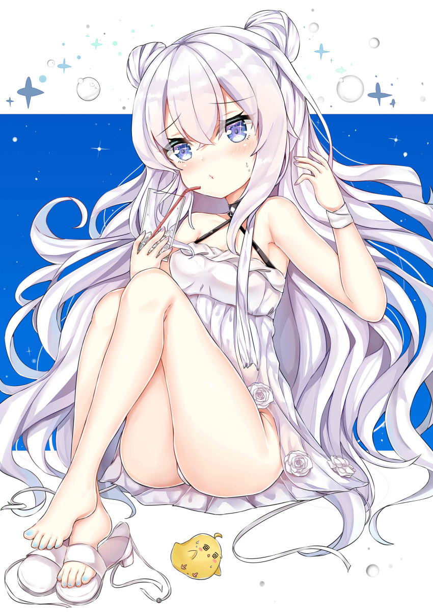 1girl @_@ absurdres ass azur_lane bandaged_arm bandages bangs bare_arms bare_shoulders barefoot bendy_straw blue_background blue_eyes blue_nails blush breasts closed_mouth collarbone commentary_request cup double_bun dress drinking_glass drinking_straw eyebrows_visible_through_hair fingernails flower hair_between_eyes head_tilt high_heels highres holding holding_cup ice ice_cube ju_(a793391187) knees_up le_malin_(azur_lane) legs long_hair manjuu_(azur_lane) nail_polish panties purple_nails rose sandals silver_hair sitting sleeveless sleeveless_dress small_breasts solo sweat thighs toenail_polish toenails two-tone_background underwear very_long_hair white_background white_dress white_flower white_footwear white_panties white_rose