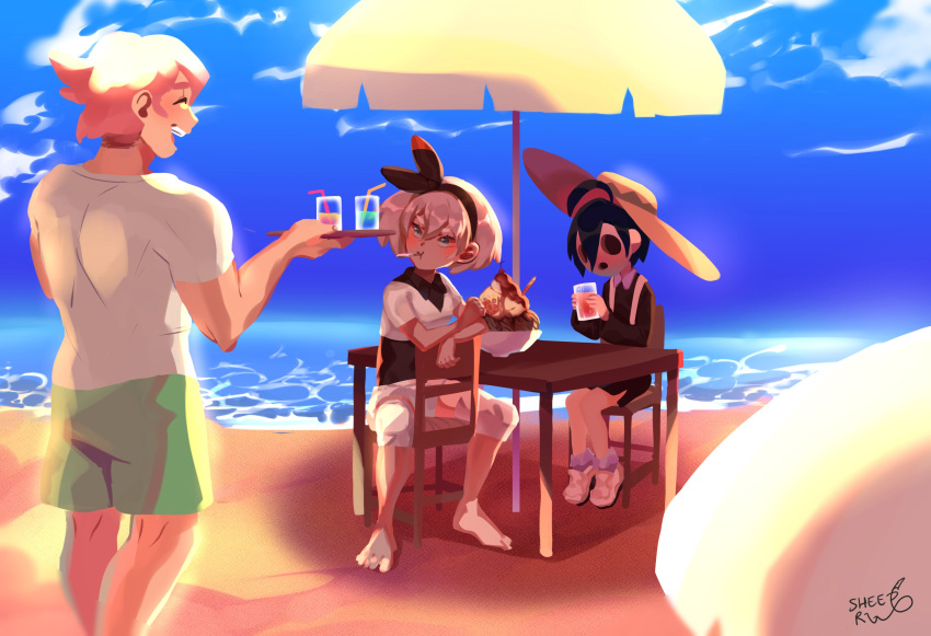 1girl 2boys absurdres ahoge artist_name barefoot beach beach_umbrella creatures_(company) dark_skin day food game_freak gym_leader hairband hat highres ice_cream mask nintendo ocean olm_digital onion_(pokemon) outdoors parasol pokemon pokemon_(anime) pokemon_(game) pokemon_swsh saitou_(pokemon) sand sheery_sbox shirt short_hair short_sleeves shorts smile summer sun_hat umbrella yarrow_(pokemon)