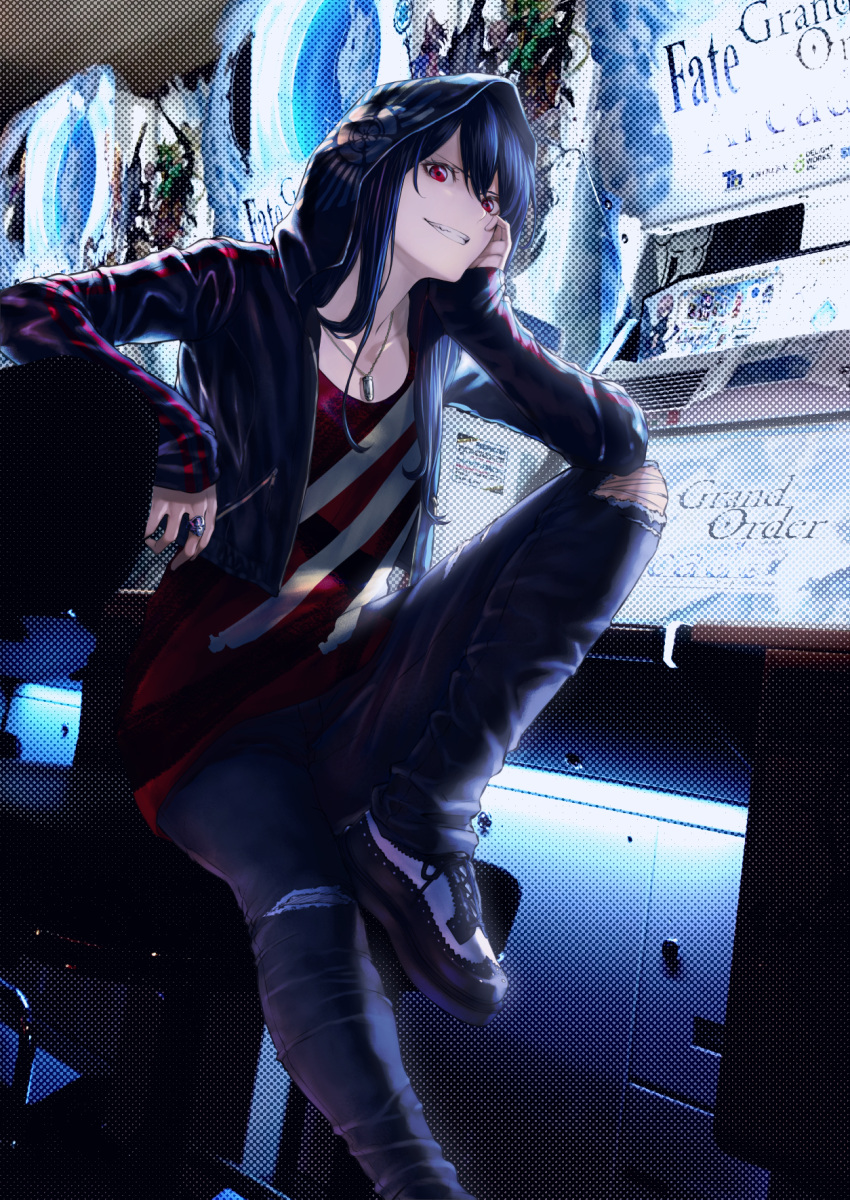 1girl arcade arcade_cabinet bangs black_hair black_jacket black_pants breasts casual chair collarbone cropped_jacket denim elbow_on_knee elbow_rest family_crest fate/grand_order fate_(series) grin hair_between_eyes hand_on_own_cheek hat highres hood hood_up hooded_jacket indoors jacket jeans jewelry long_hair long_sleeves looking_at_viewer mugetsu2501 necklace oda_nobunaga_(fate) oda_uri pants red_eyes red_shirt ring shirt shoes sidelocks small_breasts smile solo