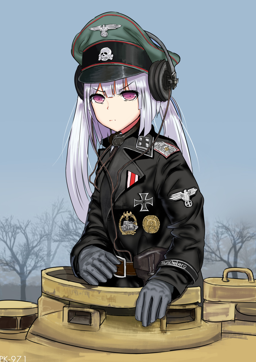 1girl absurdres bare_tree bird commentary_request eagle german_commentary german_text girls_frontline gloves ground_vehicle hat highres iron_cross medal mg42_(girls_frontline) military military_jacket military_uniform military_vehicle motor_vehicle panzerkampfwagen_panther peaked_cap pk-971 silver_hair skull_and_crossbones solo tank tree uniform violet_eyes wehrmacht world_war_ii