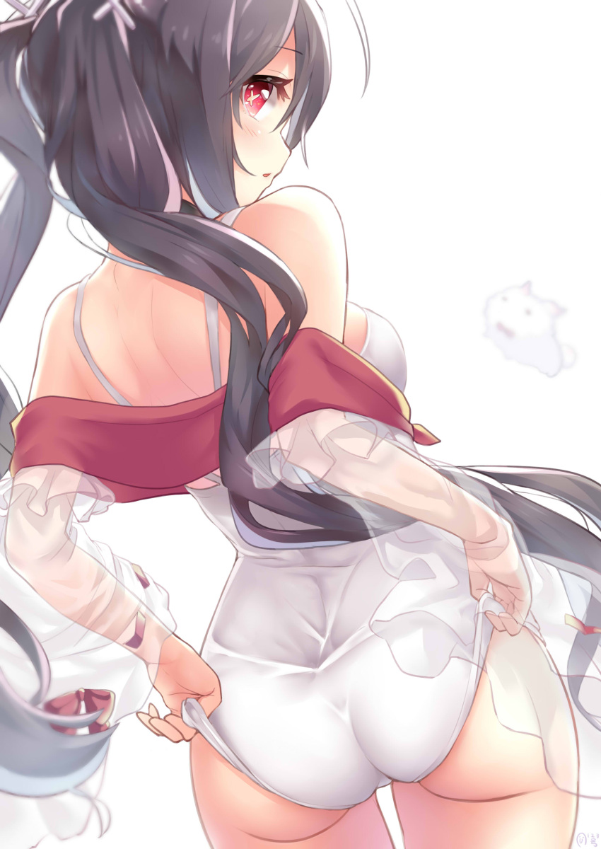 +_+ 1girl absurdres adjusting_clothes adjusting_swimsuit ass azur_lane backless_outfit black_hair bow commentary_request from_behind highres i-168_(azur_lane) kizibato123go looking_at_viewer looking_back one-piece_swimsuit red_bow red_eyes see-through see-through_sleeves simple_background solo swimsuit symbol-shaped_pupils thigh_gap twintails white_background white_swimsuit